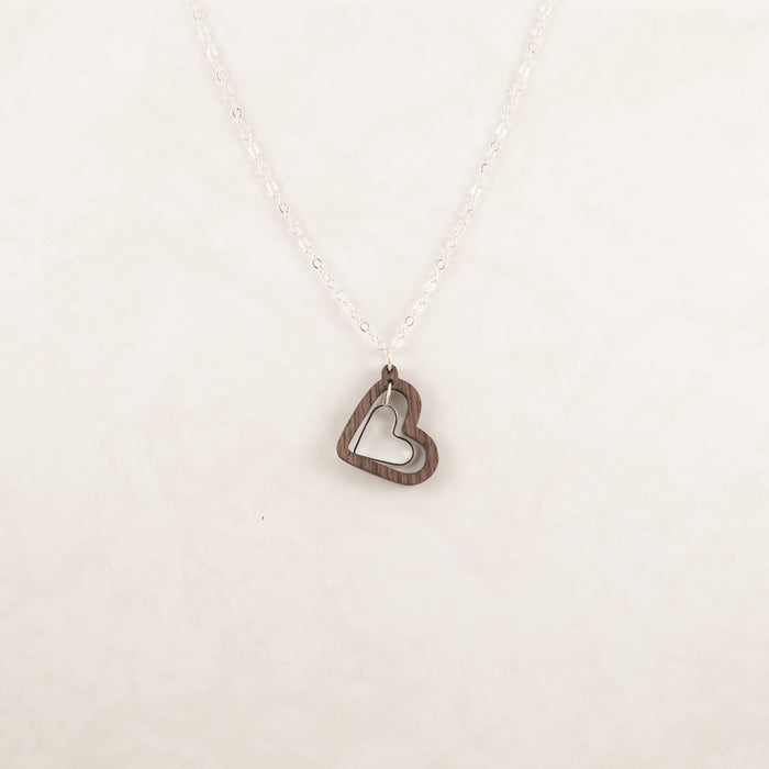 Gleaming Heart Walnut and Silver Necklace