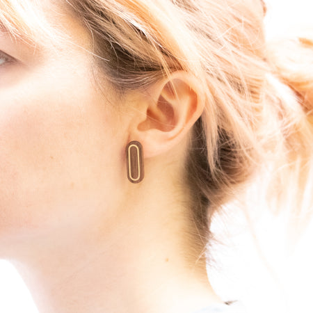 Linear Luminous Walnut and Brass Stud Earrings