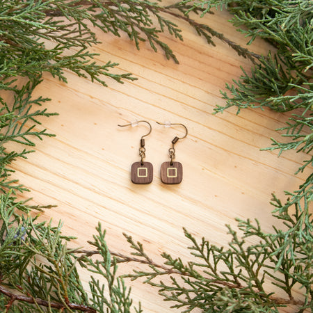 Walden Run Mini Square Luminous Walnut and Brass Earrings
