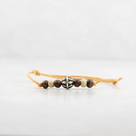 Walden Run Silver Sphere Cotton Bracelet Brown and White Wood Beads and Tan Band