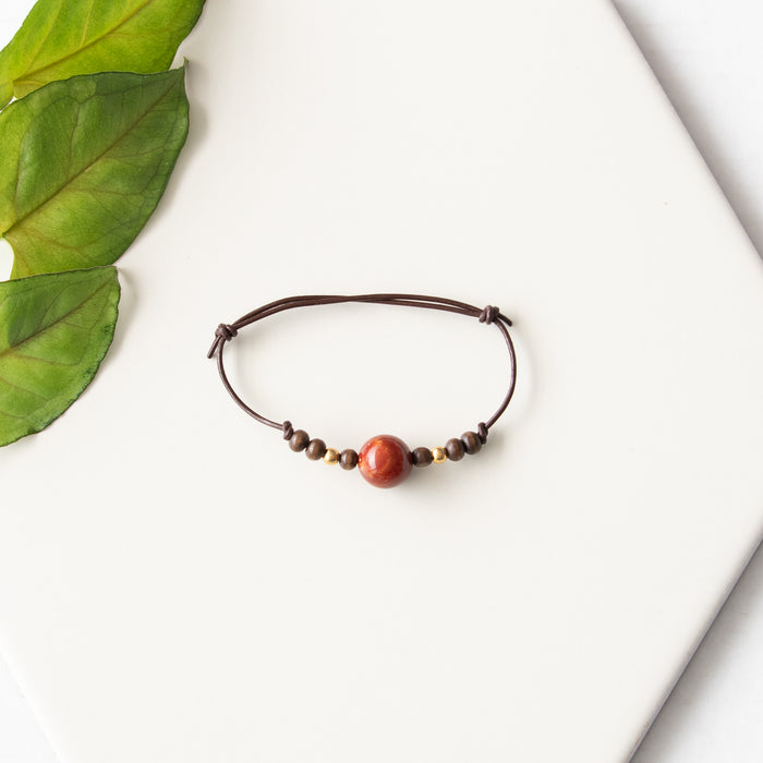 Red Carnelian Agate and Brass Leather Bracelet