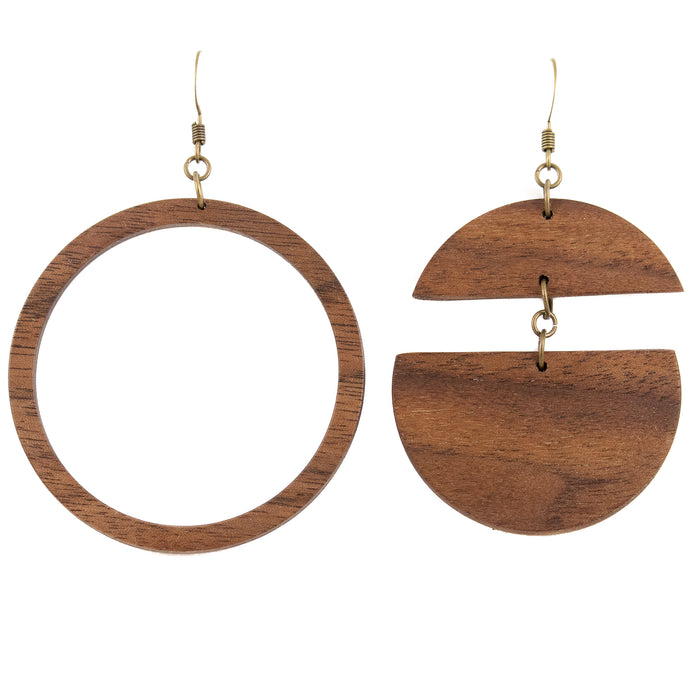 This pair of smoothed wooden earrings features a large singular hoop piece and a mirrored fractional cut circle for a mismatch pair look. Available in upcycled walnut, red oak, and canary woods.  Each piece is handmade and unique. Placement and colors may vary and are not guaranteed but will resemble the piece shown.      Hoop Earring: 2" long x 2" wide, Mirrored Half-Circle Earring: 1.75" long x 1.85" wide     Ear hook is bronze and nickle free.