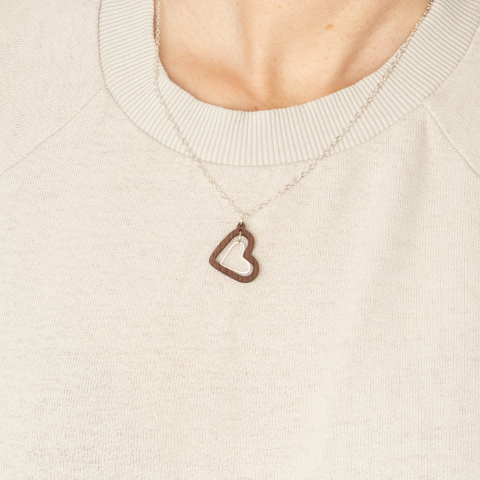 Gleaming Heart Walnut and Silver Necklace