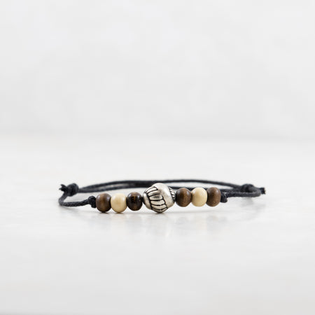 Walden Run Silver Shell Cotton Bracelet Brown and White Wood Beads and Black Band
