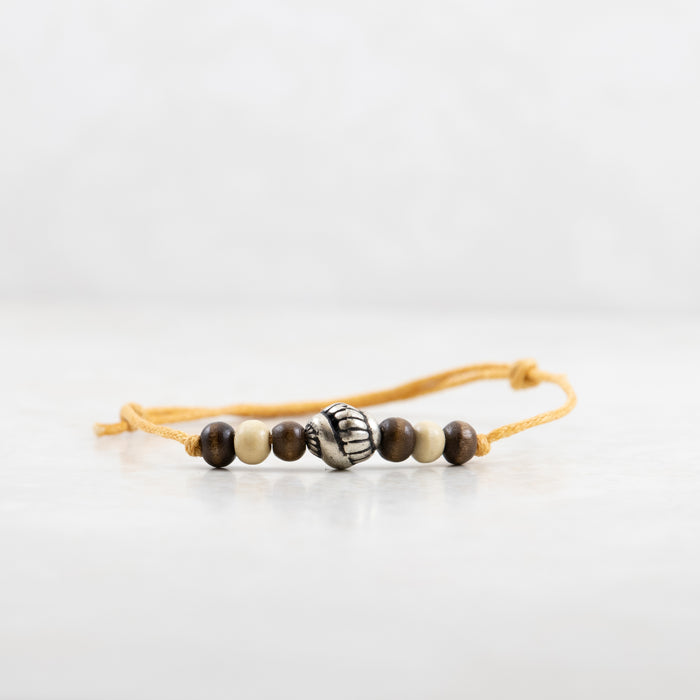 Walden Run Silver Shell Cotton Bracelet Brown and White Wood Beads and Tan Band