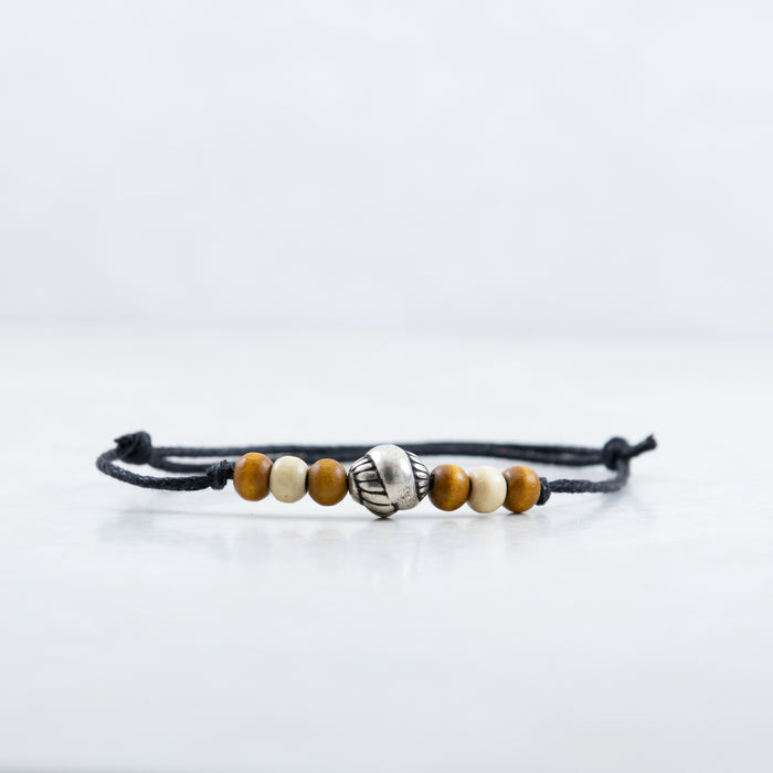 Walden Run Silver Shell Cotton Bracelet Light Brown and White Wood Beads and Black Band