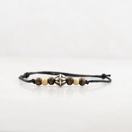 Walden Run Silver Sphere Cotton Bracelet Brown and White Wood Beads and Black Band